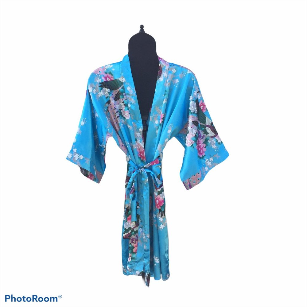 Silk  Robe Blue  Kimono Peacocks One Size